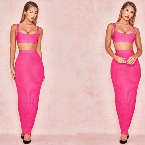 House of CB Bandage Two Piece Skirt Set Hot Pink